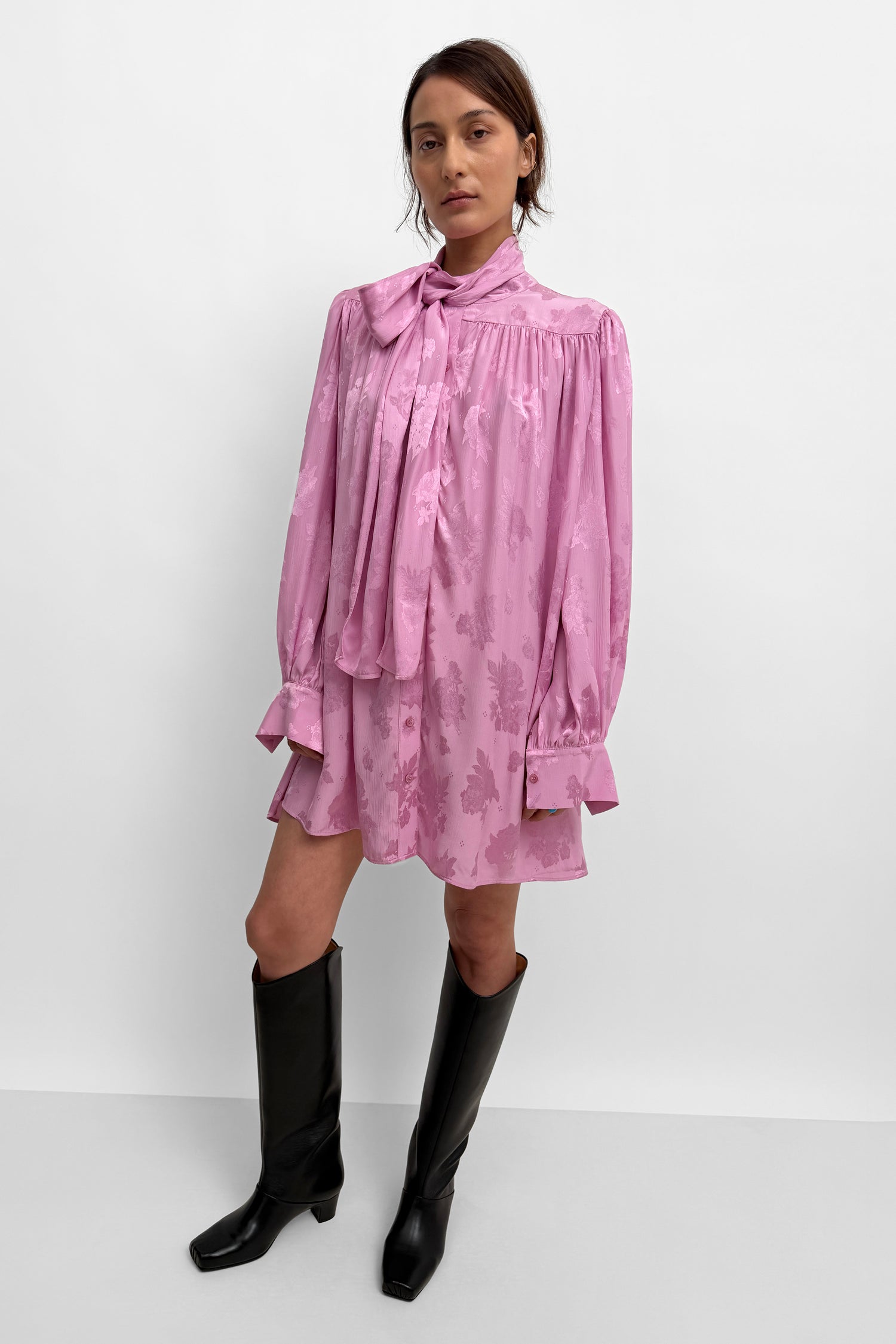 The Nayou monochrome jaqcuard mini bow tie dress