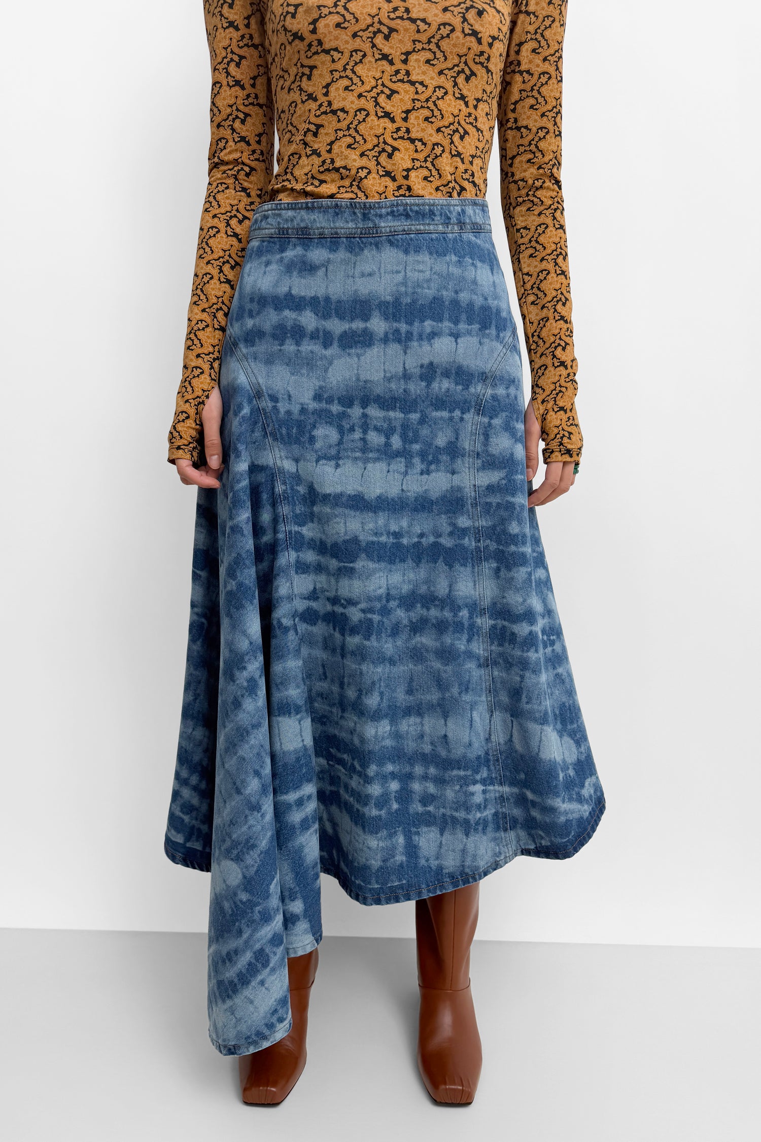 The Sween assymetric printed denim skirt