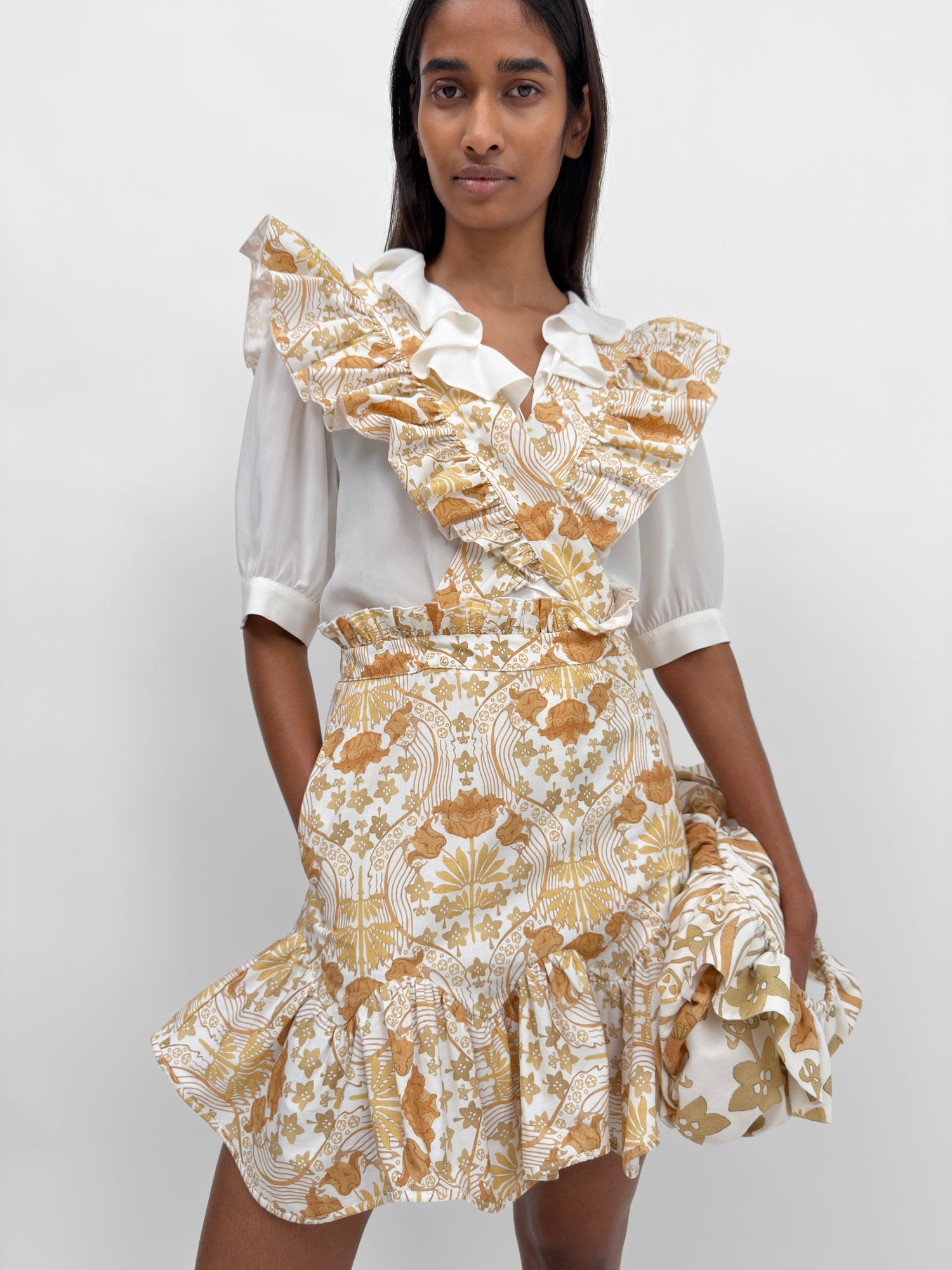 The Alvy frill apron skirt in Tulip print