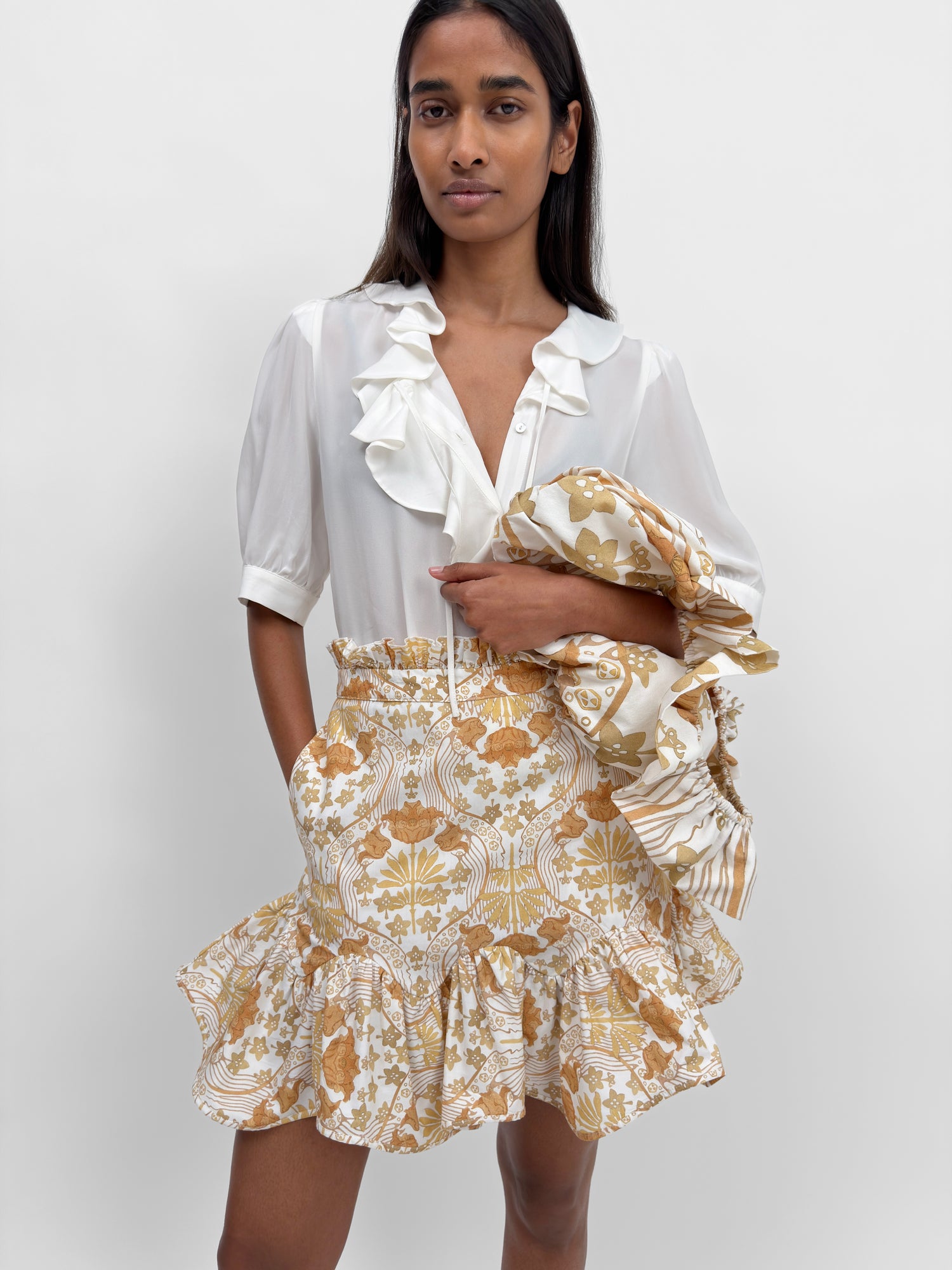The Alvy frill apron skirt in Tulip print
