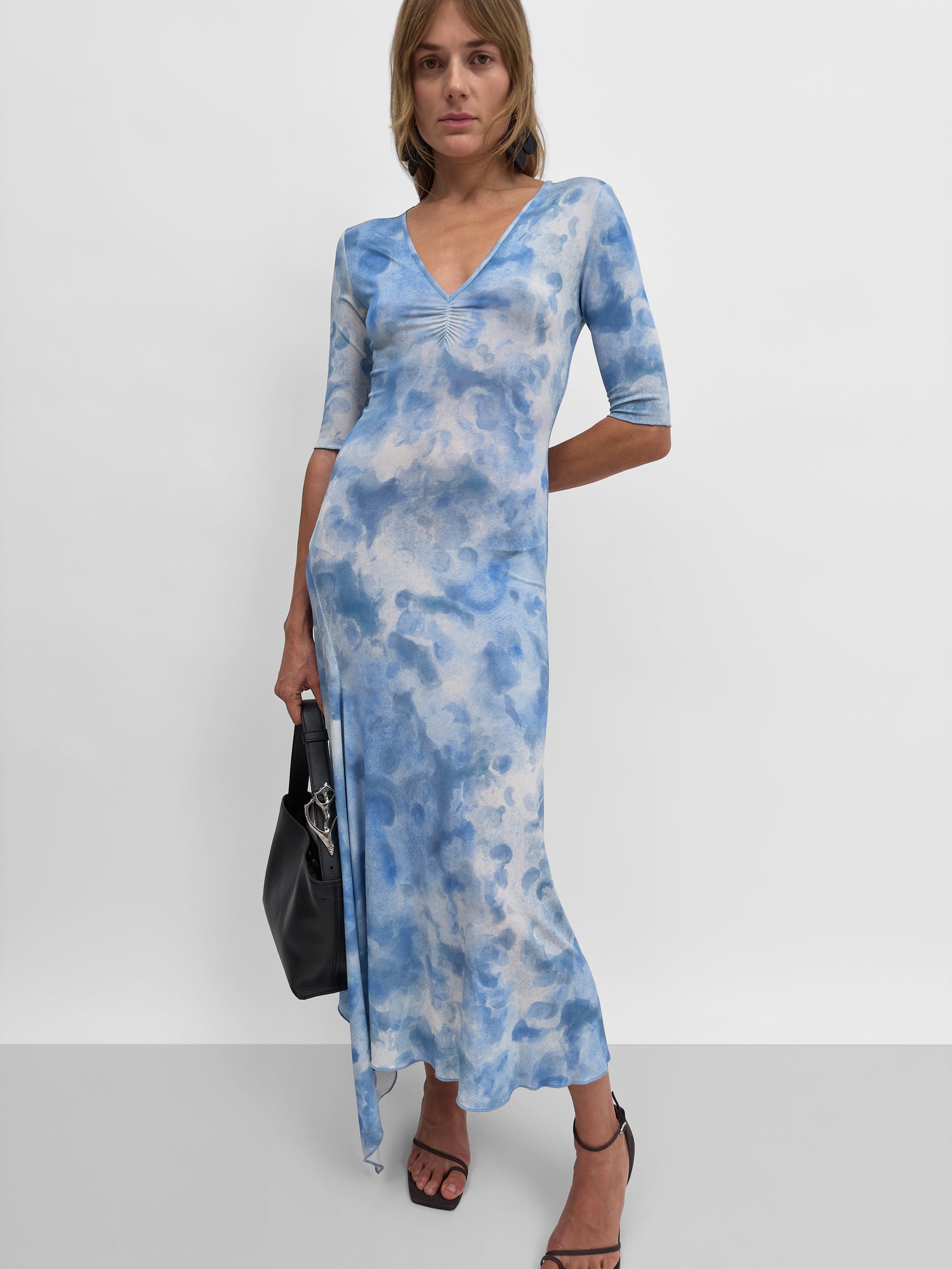 The Jett v-neck open back tricot dress in Clouds