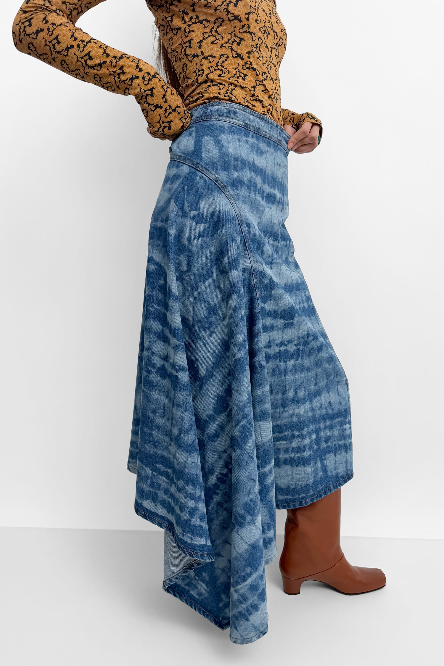 The Sween assymetric printed denim skirt