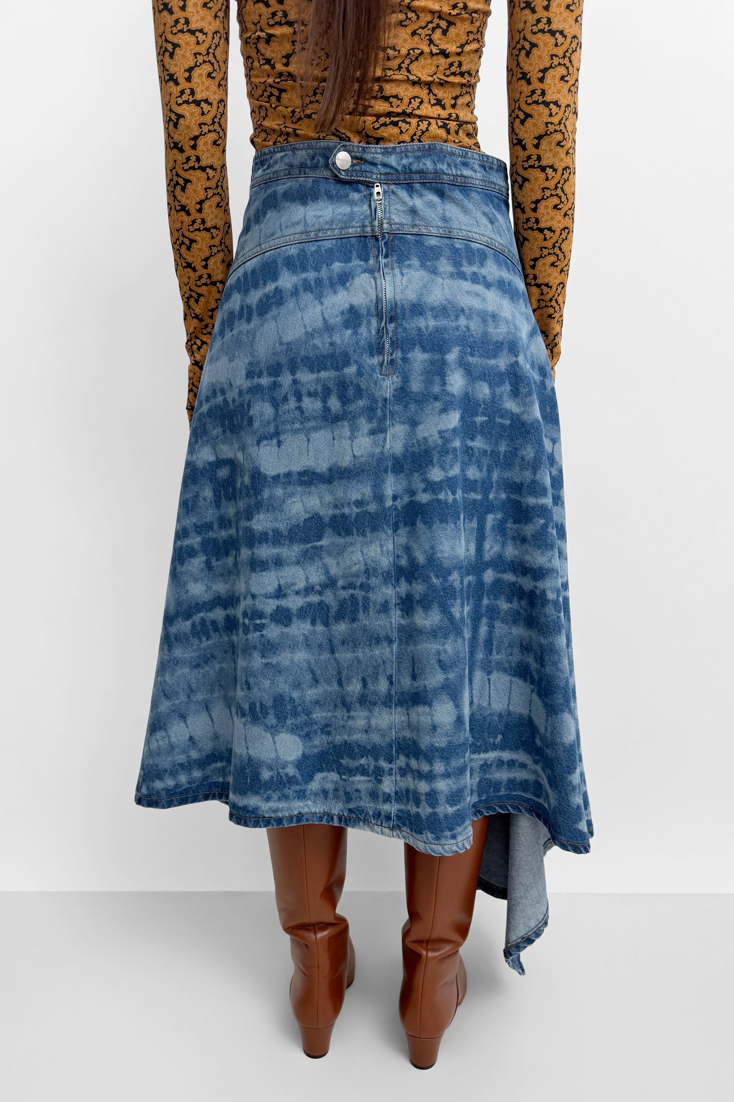 The Sween assymetric printed denim skirt